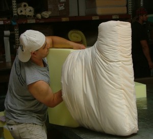 Replacing the old foam with flame retardant free foam at Foam Order in San Francisco. Foam Order is one of five furniture retailers participating in the Safer Sofa Foam Exchange.