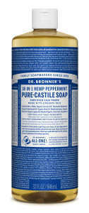Dr. Bronner's Peppermint soap formula. A bottle covered with eccentric philosophical writings by the company's founder. But among the philosophy, you'll find ingredients and usage instructions.